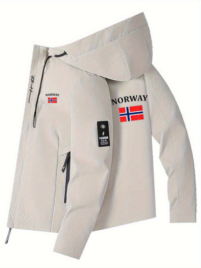 Chaqueta cortavientos para hombre y mujer con estampado de la bandera de Noruega - Cortavientos para exteriores para todas las estaciones, abrigo con capucha y cremallera completa con bolsillos con cremallera, poliéster lavable a máquina para senderismo,