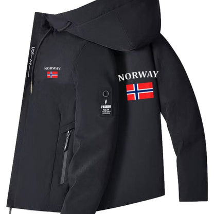 Chaqueta cortavientos para hombre y mujer con estampado de la bandera de Noruega - Cortavientos para exteriores para todas las estaciones, abrigo con capucha y cremallera completa con bolsillos con cremallera, poliéster lavable a máquina para senderismo,