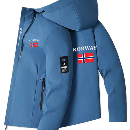 Chaqueta cortavientos para hombre y mujer con estampado de la bandera de Noruega - Cortavientos para exteriores para todas las estaciones, abrigo con capucha y cremallera completa con bolsillos con cremallera, poliéster lavable a máquina para senderismo,