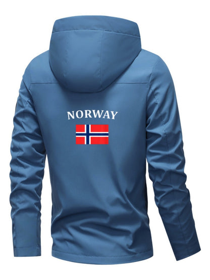 Chaqueta cortavientos para hombre y mujer con estampado de la bandera de Noruega - Cortavientos para exteriores para todas las estaciones, abrigo con capucha y cremallera completa con bolsillos con cremallera, poliéster lavable a máquina para senderismo,