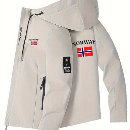 Chaqueta cortavientos para hombre y mujer con estampado de la bandera de Noruega - Cortavientos para exteriores para todas las estaciones, abrigo con capucha y cremallera completa con bolsillos con cremallera, poliéster lavable a máquina para senderismo,