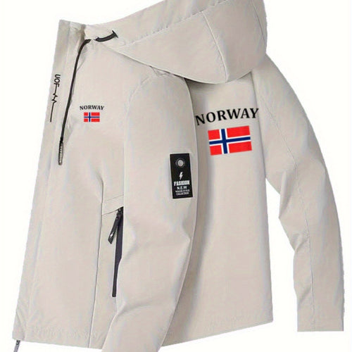 Chaqueta cortavientos para hombre y mujer con estampado de la bandera de Noruega - Cortavientos para exteriores para todas las estaciones, abrigo con capucha y cremallera completa con bolsillos con cremallera, poliéster lavable a máquina para senderismo,