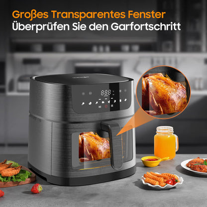 Freidora de Aire XXL 9L - Freidora de Aire Sin Aceite con Pantalla Táctil LED Digital, 8 Programas, Modo Agitación, 1800W, Libro de Recetas, Ventana Grande