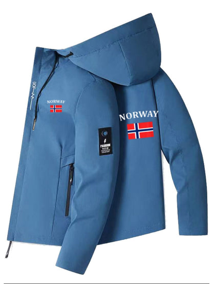 Chaqueta cortavientos para hombre y mujer con estampado de la bandera de Noruega - Cortavientos para exteriores para todas las estaciones, abrigo con capucha y cremallera completa con bolsillos con cremallera, poliéster lavable a máquina para senderismo,