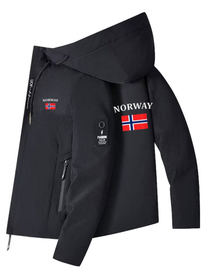Chaqueta cortavientos para hombre y mujer con estampado de la bandera de Noruega - Cortavientos para exteriores para todas las estaciones, abrigo con capucha y cremallera completa con bolsillos con cremallera, poliéster lavable a máquina para senderismo,